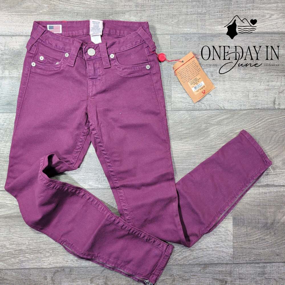 True Religion Tara Mid Rise Super Skinny Jeans Burgundy Purple NWT Size 00 (23)
